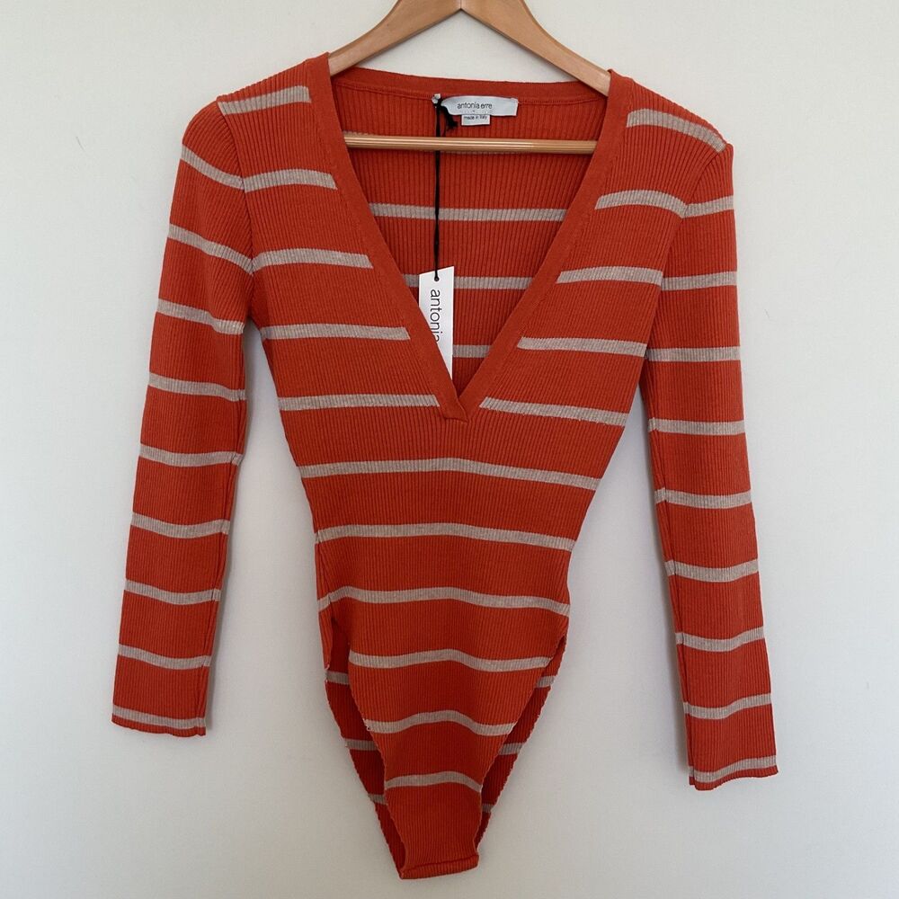 Antonia Erre 100% Cotton Ribbed Knit bodysuit L V Neck Orange Striped Italy Chic